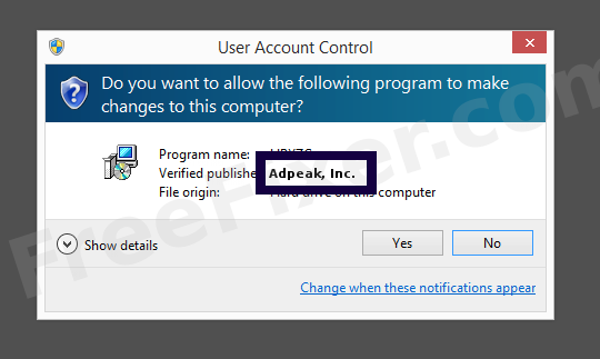 Screenshot where Adpeak, Inc. appears as the verified publisher in the UAC dialog
